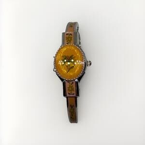 Vintage Gold Tone Enamel Peekaboo Rose Quarts Watch Running Excellent NewBattery